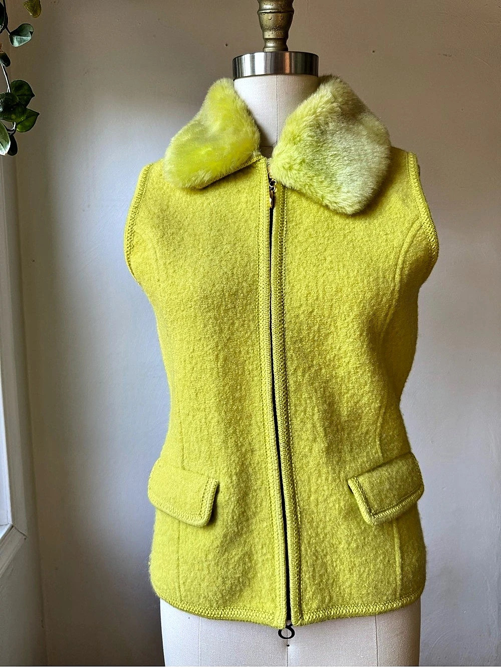 1990’s Vintage L.A. International Faux Fur Collar Zip Vest in Lime